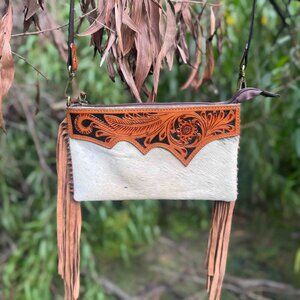 Genuine Leather Hair-on Tooled Bag Women's Western Handbag with Fringes